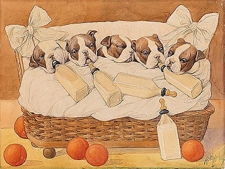 Puppies in a basket. by Robert Livingston Dickey - Auction record, sale price, and art valuation. Compare with similar artists and explore comparable artworks.