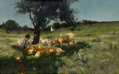 Boy and Sheep under a Tree
