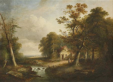A WOODED LANDSCAPE, WITH FIGURES BY A STREAM OUTSIDE A COTTAGE