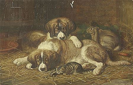 TWO ST. BERNARD PUPPIES, A KITTEN AND A RABBIT