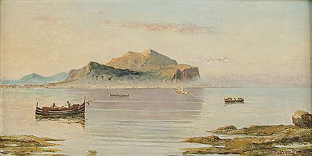 Paesaggio marino con personaggi e veduta di Monte Pellegrino