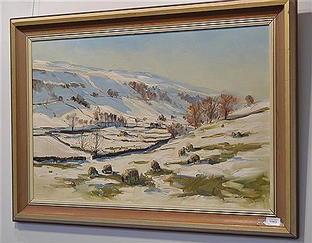 Sheep grazing in a Wharfedale landscape in snow