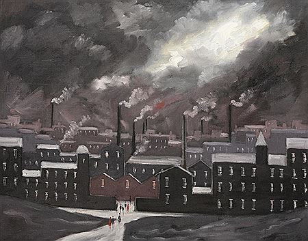 Figures before a mill town