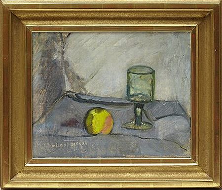 Stilleben med glas och äpple