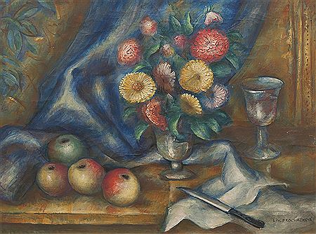 Still life with blue drapery