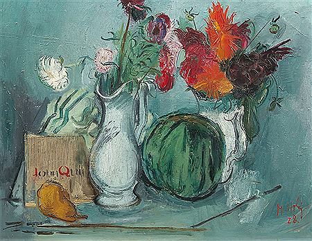 Still life with flowers and melon