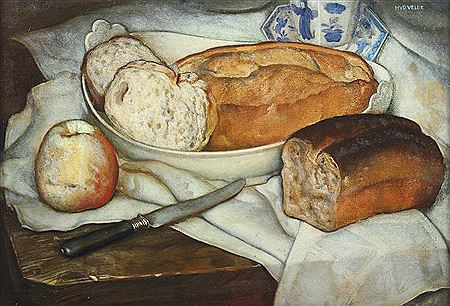 "Stilleben mit Brot, Apfel und Messer"