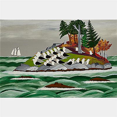 SEAGULLS ON ISLAND AND SCHOONER, 1983