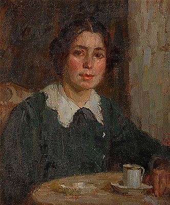 Art Nouveau paintings woman at the coffee table