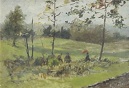 Landschaft mit einer rastenden Dame und zwei Herren