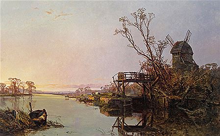 River landscape with boys fishing from a boat