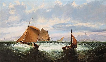 Sailing ships and a paddle steamer off the coast in rough seas