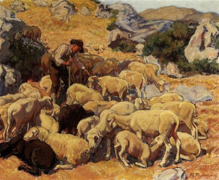 Hirte mit ruhender Schafherde
