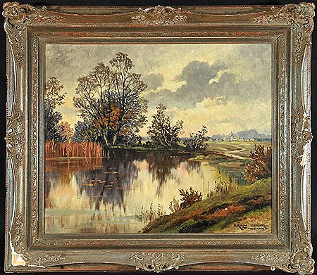 "Seelandschaft mit Blick auf ein Dorf"