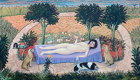 Nu aux chiens dans le jardin, Ecole allemande Naïve