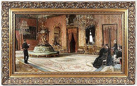 Im Spanischen Königspalast.- Im Vorzimmer Charles III. im Königspalast in Madrid die Damen u. Herren, z.T. in Stuhlreihen sitzend u. auf eine Audienz wartend, dabei u.a. ein Span. Kürassier u. Hofbeamte.- Detailreiche Interieurdarstellung mit den für dies