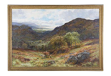 An extensive autumnal coastal landscape with figures harvesting