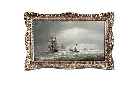 Shipping by the harbour by sunset', 'Shipping in choppy waters'A pair
