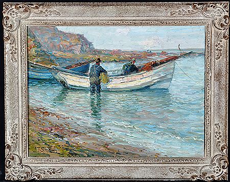 Fishermen preparing to set out in a coble