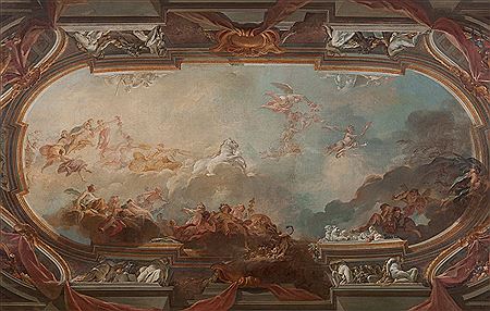 Ceiling project with the chariot of Apollo, Aurora, and allegories of the seasons