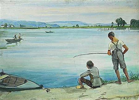 "Angelnde Jungen am Bodenseeufer", Blick auf die Reichenau und dahinterliegende Landschaft mit mehreren Ruderbooten auf dem See, entspannte sommerliche Stimmung