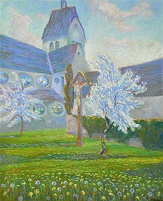 "Kirchenansicht" mit Wegkreuz und blühendem Baum auf sattgrüner Wiese