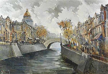 "Ansicht von Paris", Häuser mit Brücke an der Seine