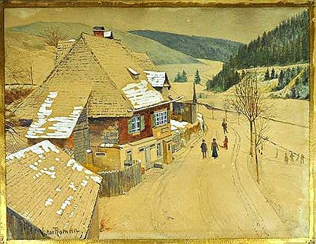 "Hammereisenbach", Dorfstraße im Winter mit Häusern u. Personenstaffage