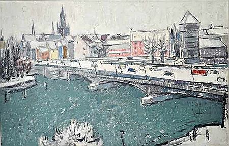"Rheintorbrücke im Winter", mit Rheintorturm u. Blick auf die Innenstadt mit Münster