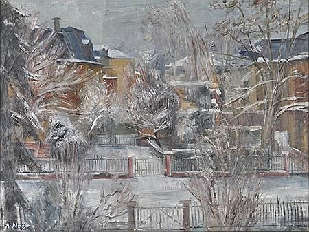 "Atelierausblick" im Winter, Blick aus dem Atelier des Künstlers auf verschneiten Garten mit Bäumen, dahinter Wohnhäuser by Alfred Noe - Auction record, sale price, and art valuation. Compare with similar artists and explore comparable artworks.