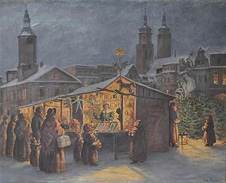 "Weihnachtsmarkt", stimmungsvolle Ansicht von Weihnachtsmarkständen mit Personenstaffage by Fritz Raida - Auction record, sale price, and art valuation. Compare with similar artists and explore comparable artworks.