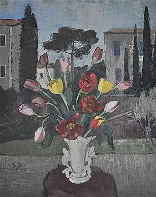 "Tulpenstrauß" in weißer Henkelvase, vor südlicher Landschaft mit Zypressen, wohl Toskana