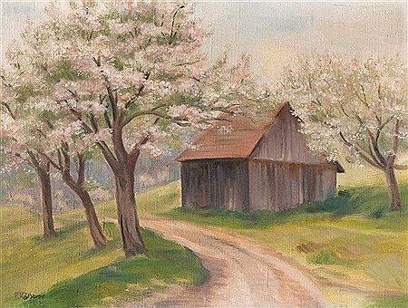 Barn between flowering orchards