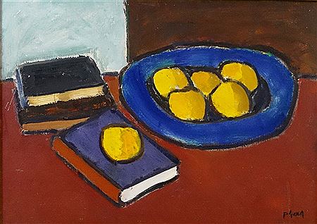 "Static nature with books and apples"