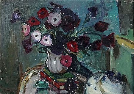 "Still life with flowers and books"