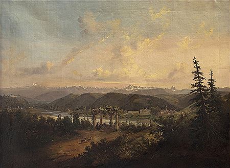 Paisaje alpino con aldea y casa de campo, en primer término figuras bajo una pérgola