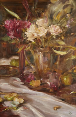 Roses and Magenta Peonies by Laura Robb - Auction record, sale price, and art valuation. Compare with similar artists and explore comparable artworks.