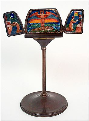 A bronze and enamel triptych