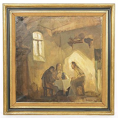 Interior genre scene depicting three figures seated around a small square table