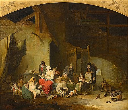 1 – "L’arrivée du colporteur d’estampes"2 –" L’arrivée du colporteur de colifichets" Huile sur toile, signé et datée en bas à gauche à la pointe :(2)