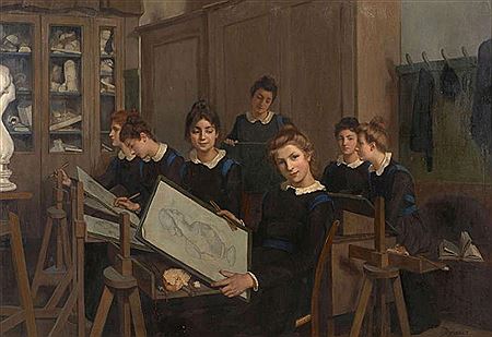 Sept jeunes filles dans un atelier de dessin