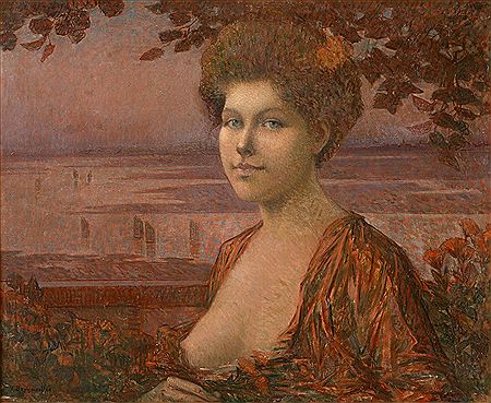 Portrait de femme aux seins dénudés devant un paysage de mer au couchant