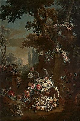 Vases de fleurs et fruits dans un jardin (pair)