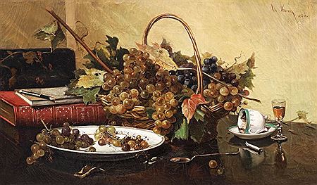 Still life with grapes, books and glass of brandy
