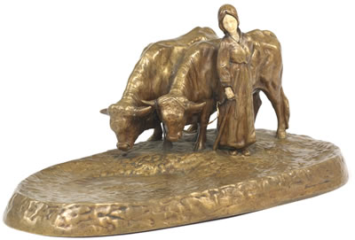 Shepherdess with two bulls