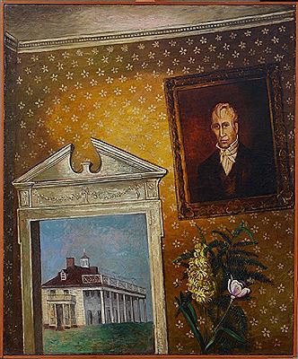 Fantasy interior with the self-portrait on the wall