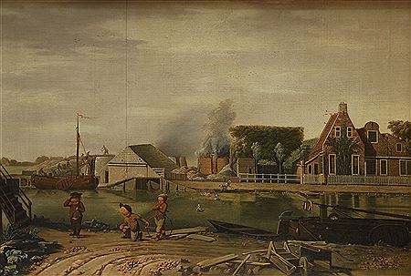 Canal hollandais présentant sur le premier plan des enfants jouant et sur le second plan une saurisserie