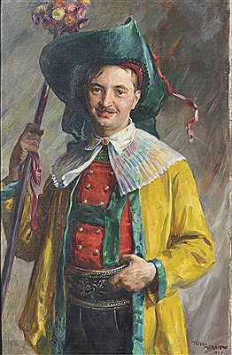 Deutschnofener Brautwerber 1925 by Thomas Riss - Auction record, sale price, and art valuation. Compare with similar artists and explore comparable artworks.