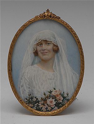 Pportrait miniature, of a bride, half-length, wearing white veil and dress, holding a bouquet of pink roses