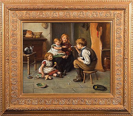 HAPPY CHILDREN IN A COTTAGE INTERIOR